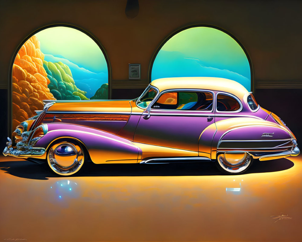Colorful 1950s Car Painting in Purple and Yellow with Surreal Landscape View