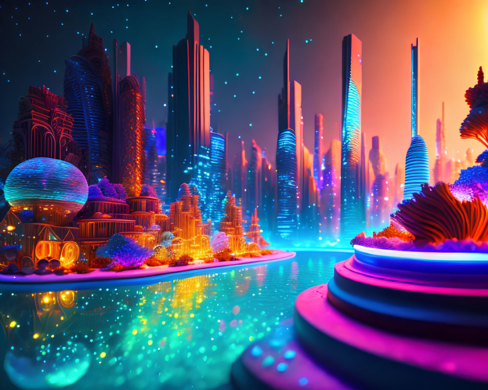 Futuristic cityscape with neon lights and skyscrapers at twilight