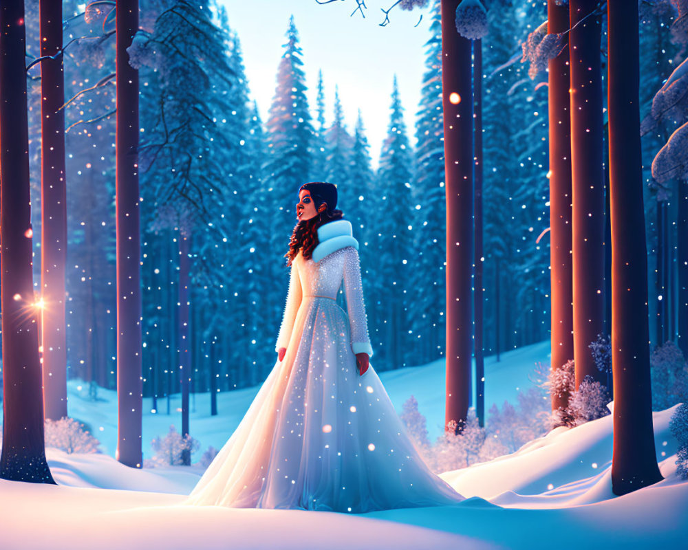 Woman in White Winter Gown Stands in Snowy Forest