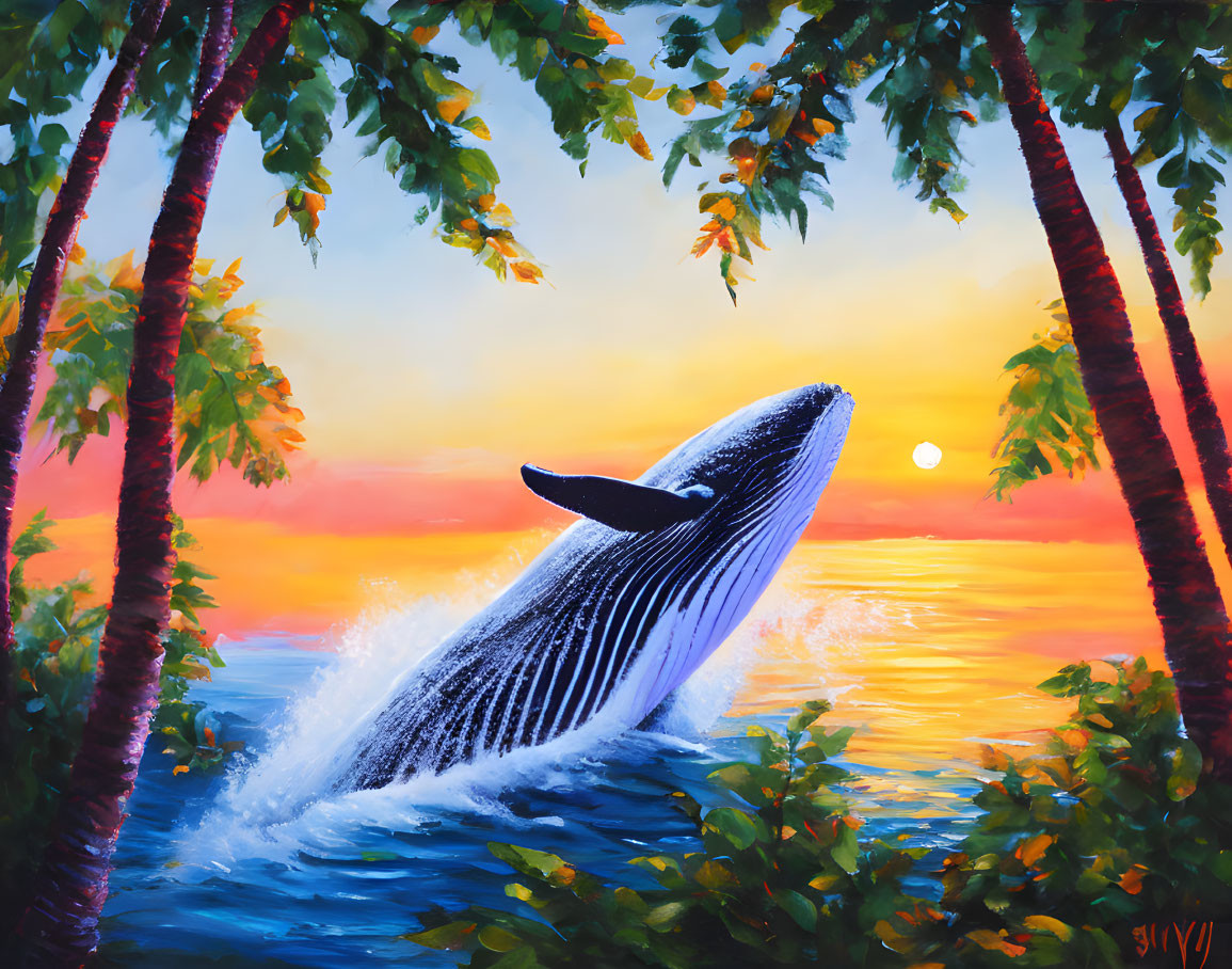 Whale breaching at sunset with colorful skies and tree branches
