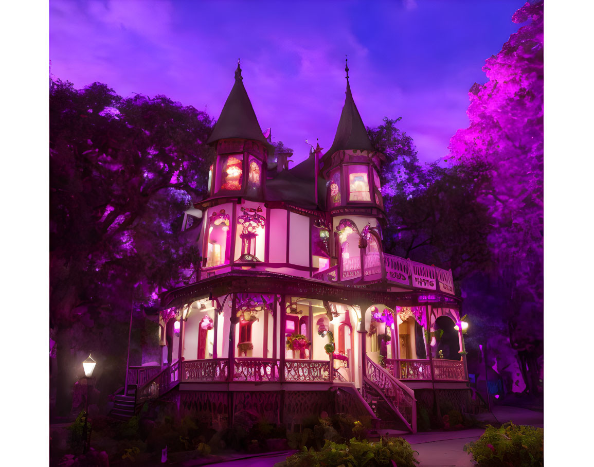 Victorian house at twilight with purple sky and glowing lamps