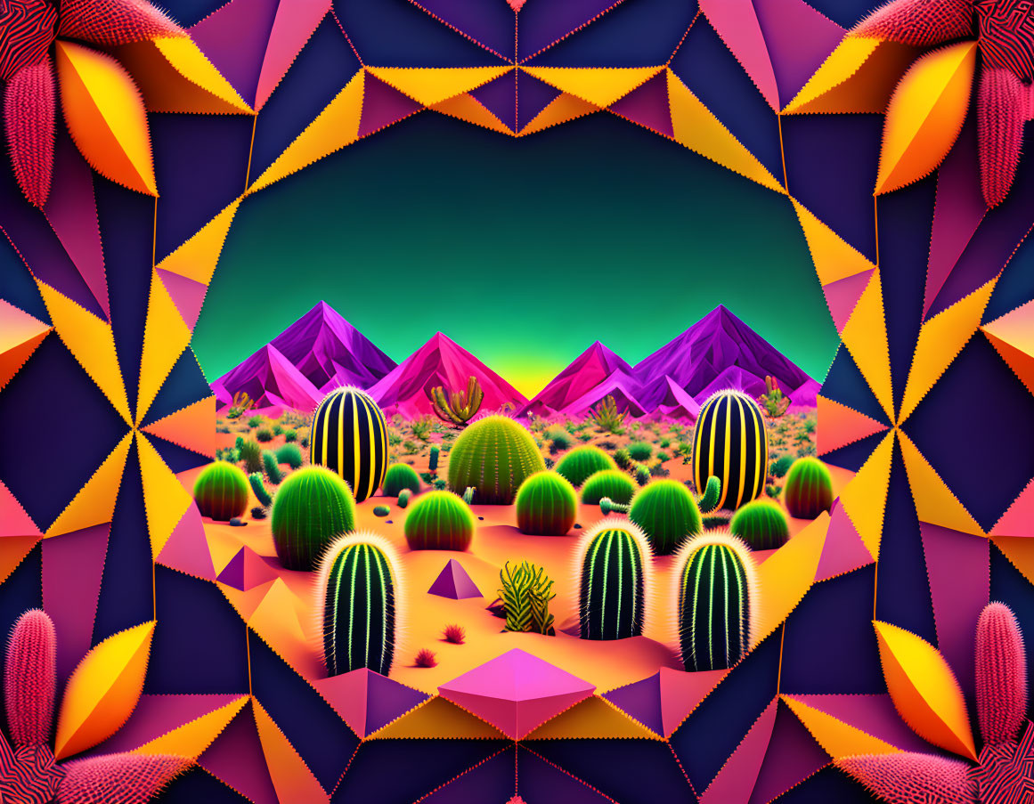 Vibrant desert landscape with geometric patterns, cacti, purple mountains, teal sky in kale