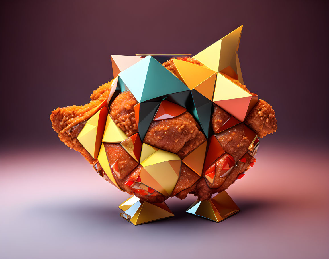 Surreal geometric chicken with fried parts on purple background