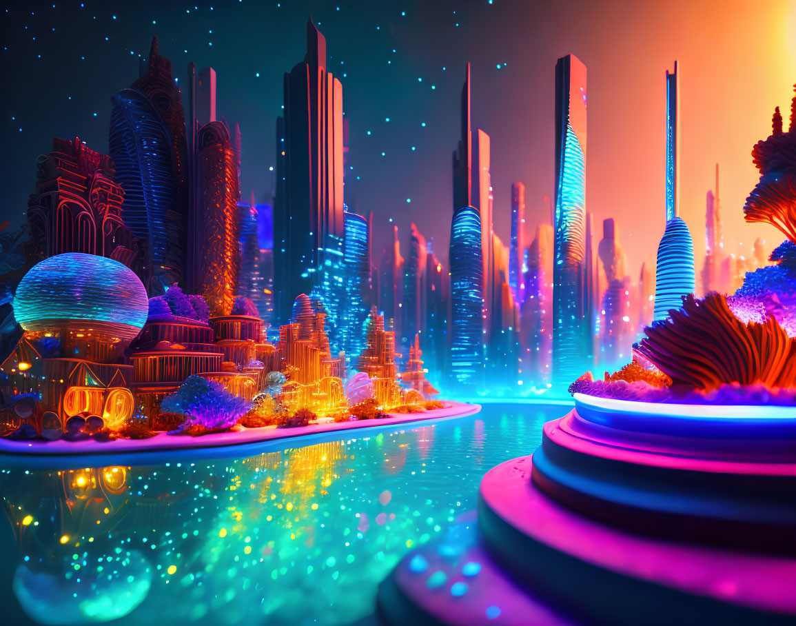 Futuristic cityscape with neon lights and skyscrapers at twilight