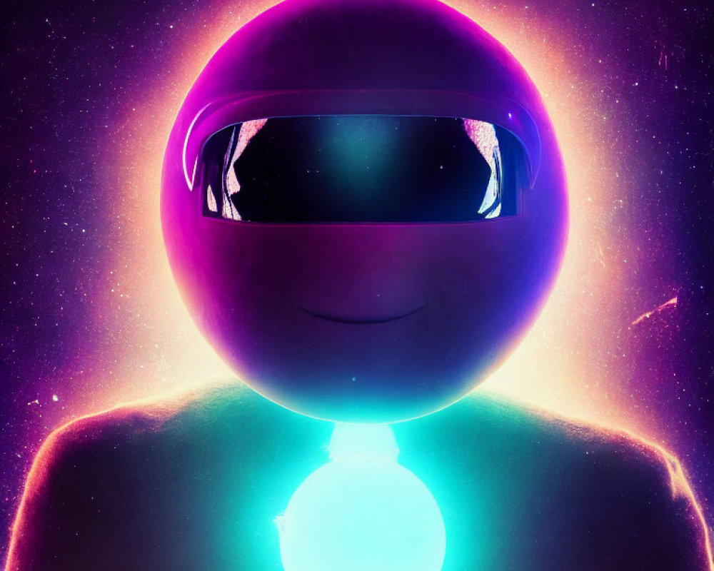 Colorful cosmic figure with glowing orb body and oversized reflective helmet.