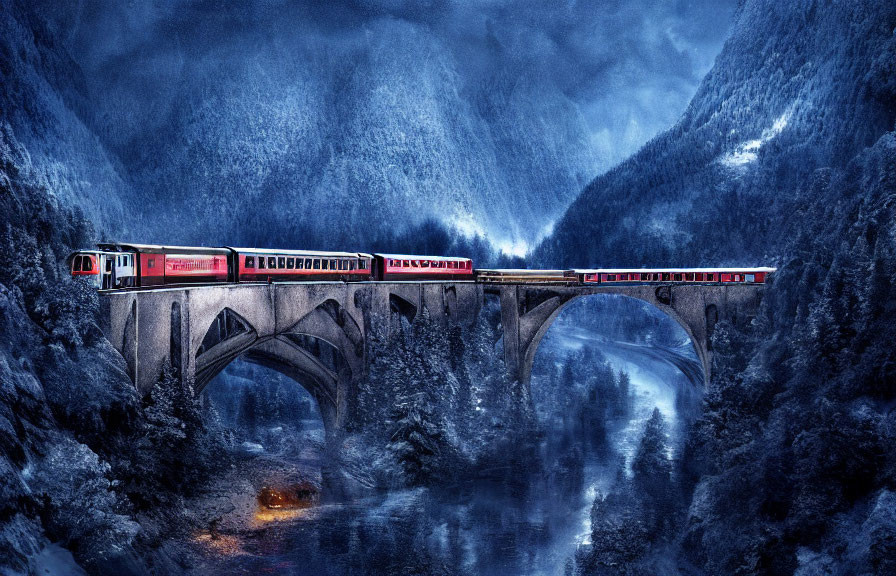 Red Train Crossing Stone Arch Bridge in Snowy Mountain Landscape