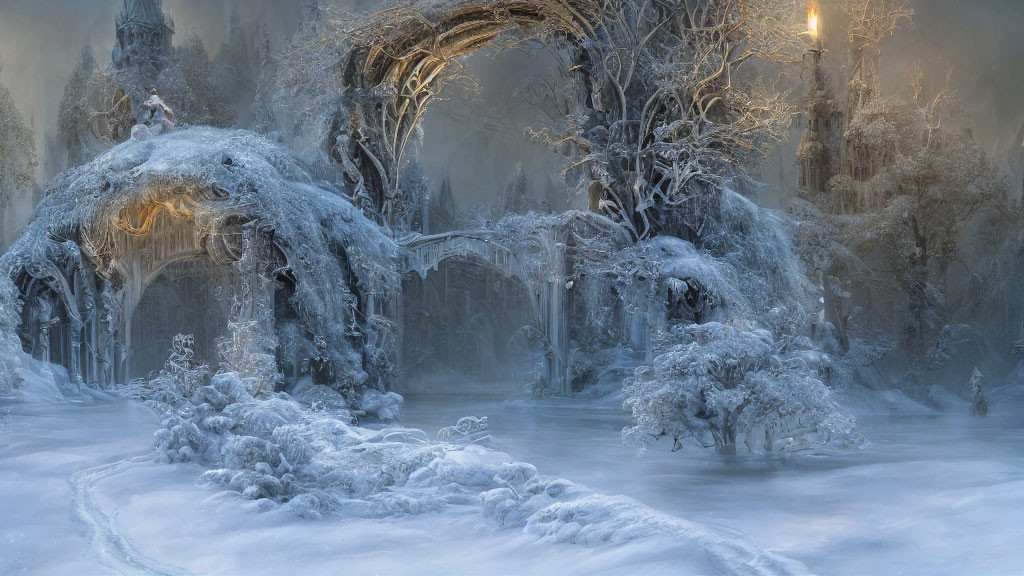 Ethereal winter landscape with frost-covered trees and frozen fountain