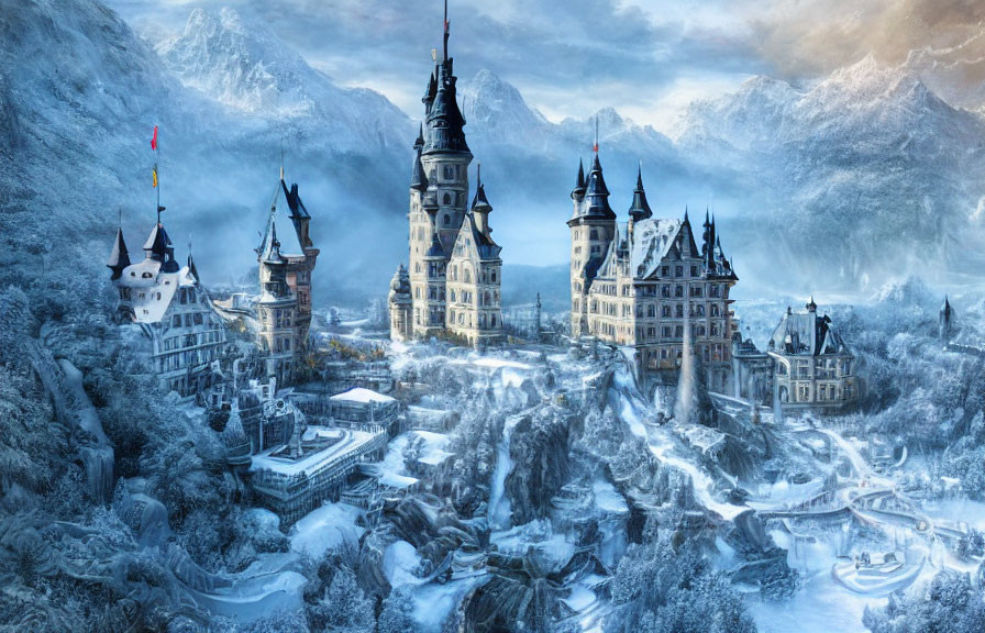 Snow-covered castle with spires and towers in icy landscape
