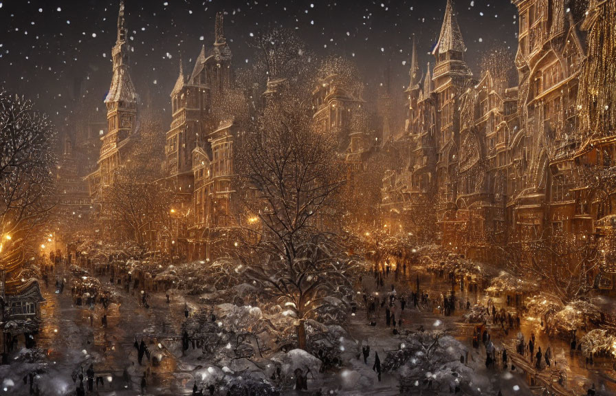 Snow-covered streets with illuminated historic buildings and people walking in a winter scene