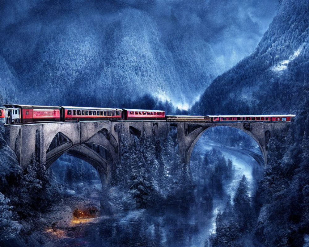 Red Train Crossing Stone Arch Bridge in Snowy Mountain Landscape
