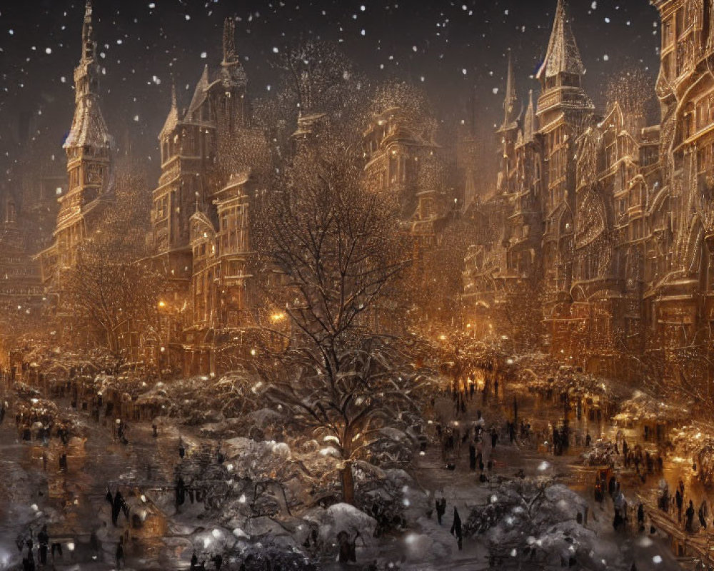 Snow-covered streets with illuminated historic buildings and people walking in a winter scene