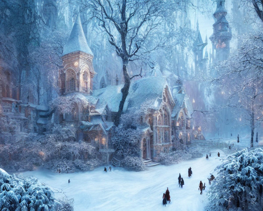 Snowy Twilight Scene: Gothic Village & Frosty Trees