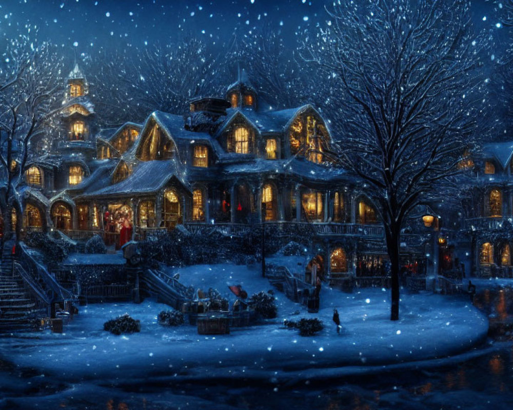 Tranquil Winter Night Scene of Elegant Neighborhood with Snowfall