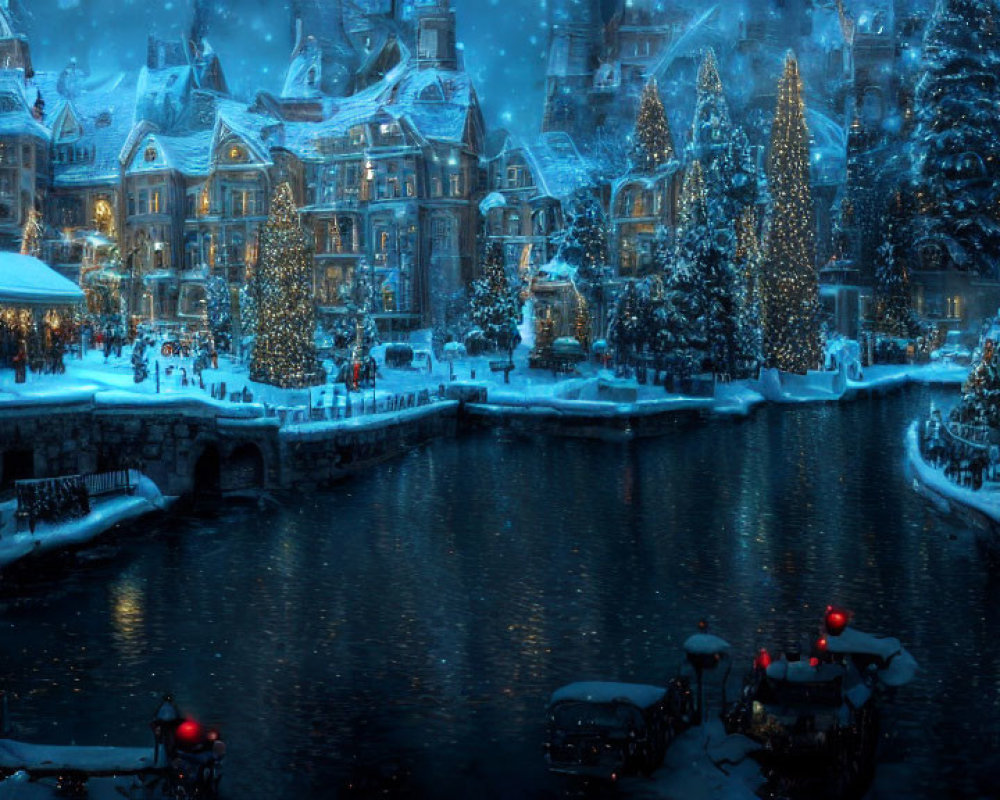 Snow-covered buildings, canal bridge, illuminated trees, boats - Winter scene at twilight