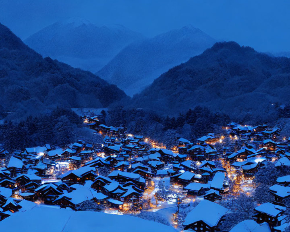 Snowy village nestled in mountains on tranquil winter evening