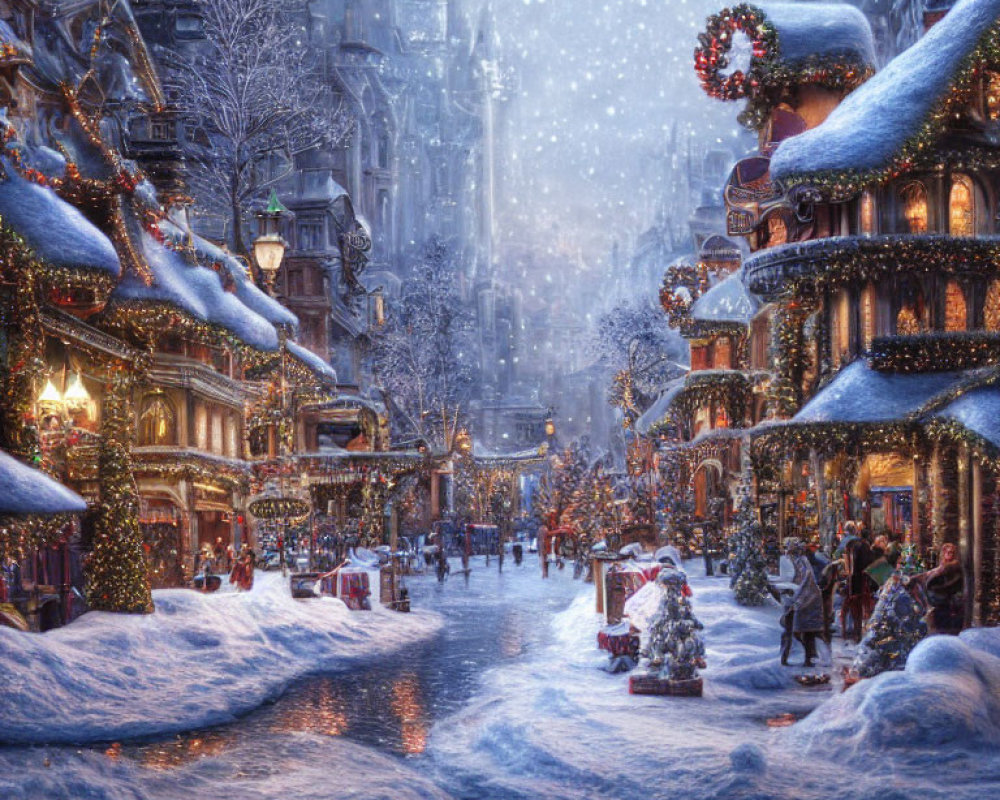 Snow-covered Christmas street scene with festive decorations and bustling people
