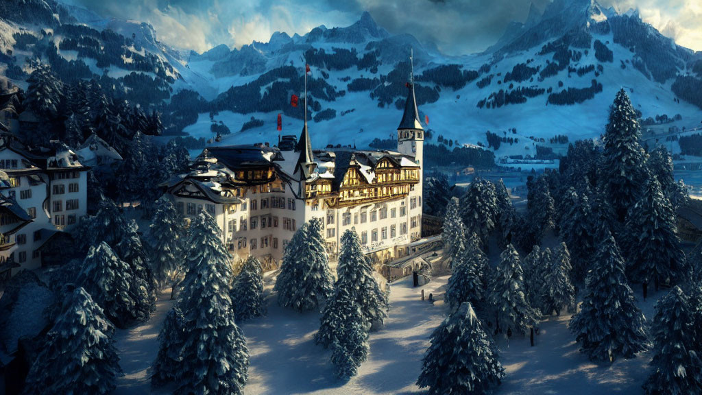 Snow-covered buildings and trees in majestic mountain landscape