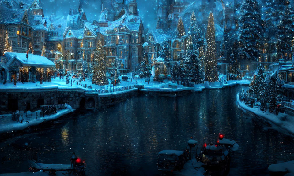Snow-covered buildings, canal bridge, illuminated trees, boats - Winter scene at twilight