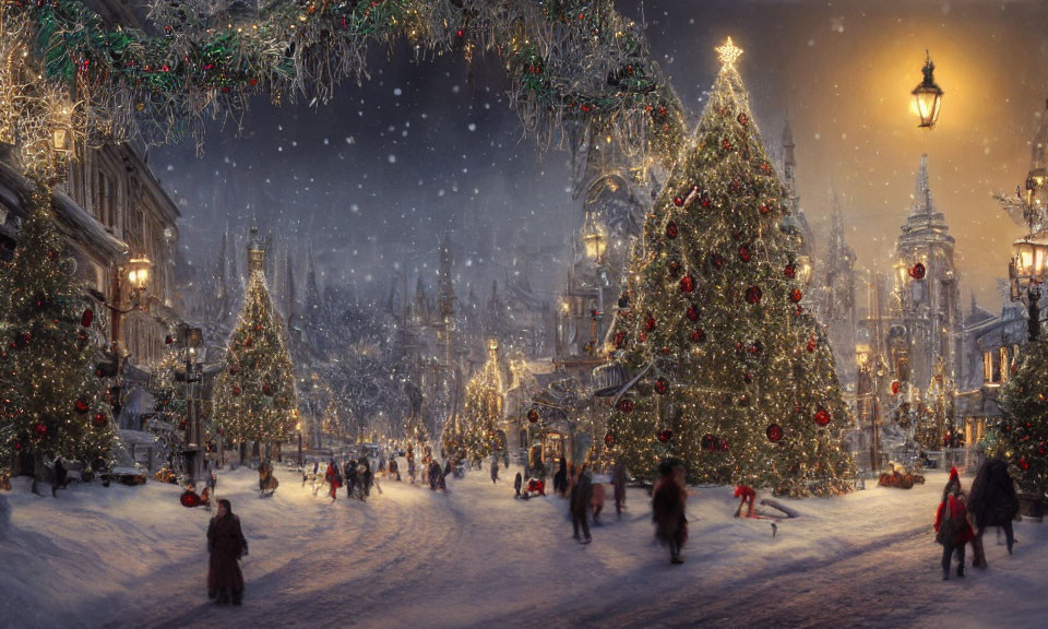 Snowy Christmas street scene with festive decorations and warm street lamp glow