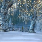 Ethereal winter landscape with frost-covered trees and frozen fountain