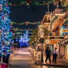 Snowy Christmas street scene with festive decorations and warm street lamp glow