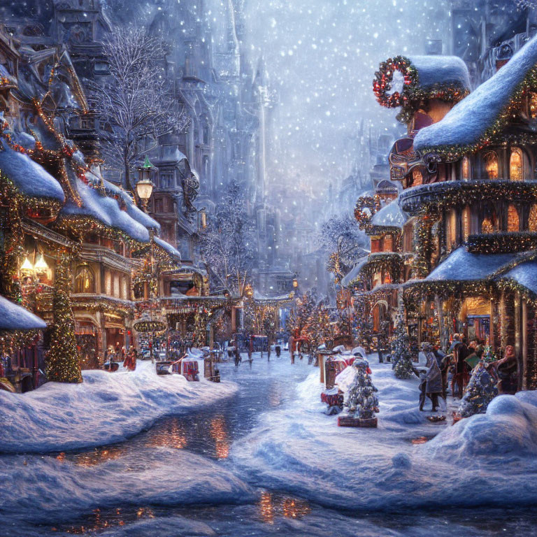 Snow-covered Christmas street scene with festive decorations and bustling people