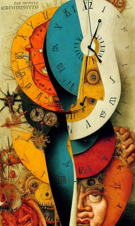 Colorful surrealistic painting featuring distorted clock face and fragmented human features