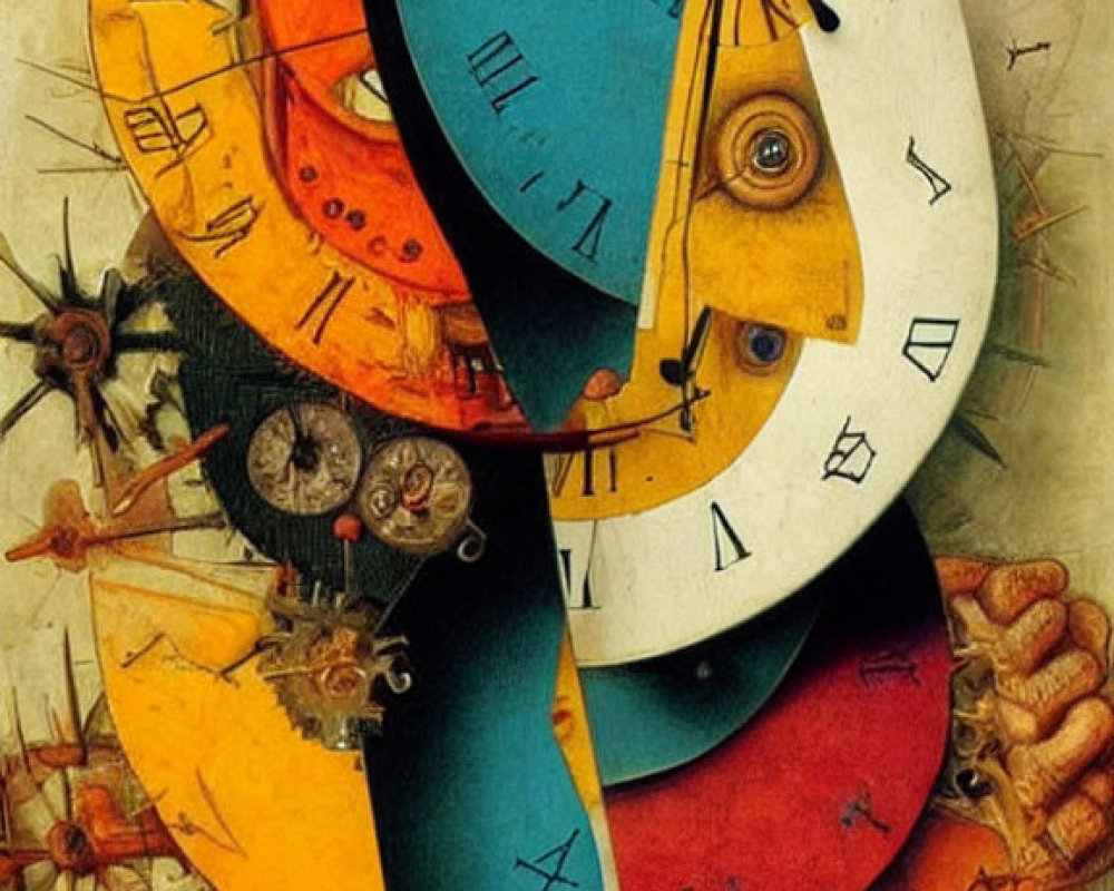 Colorful surrealistic painting featuring distorted clock face and fragmented human features