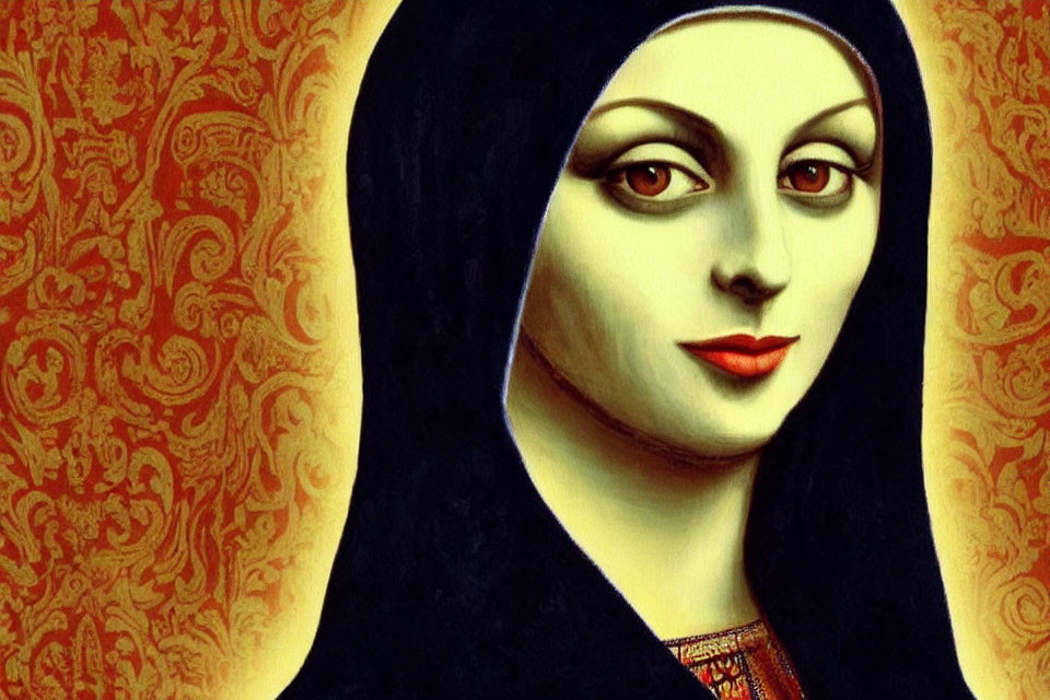 Stylized illustration of woman with Mona Lisa-like features on orange background