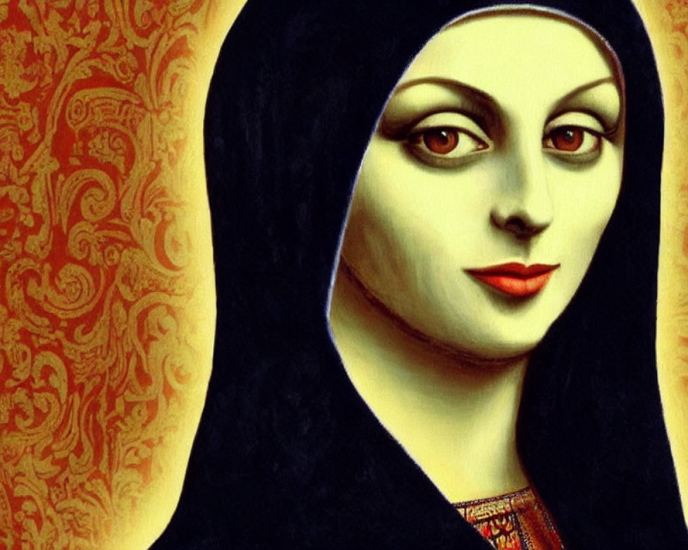 Stylized illustration of woman with Mona Lisa-like features on orange background