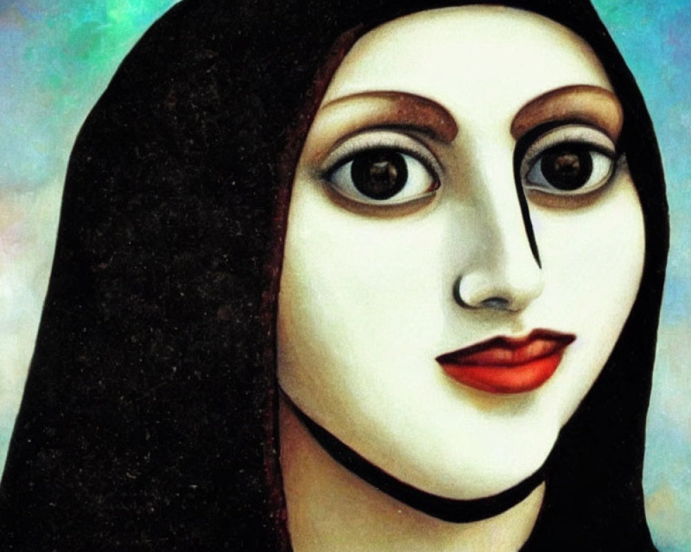 Stylized painting of a woman with elongated face and large eyes