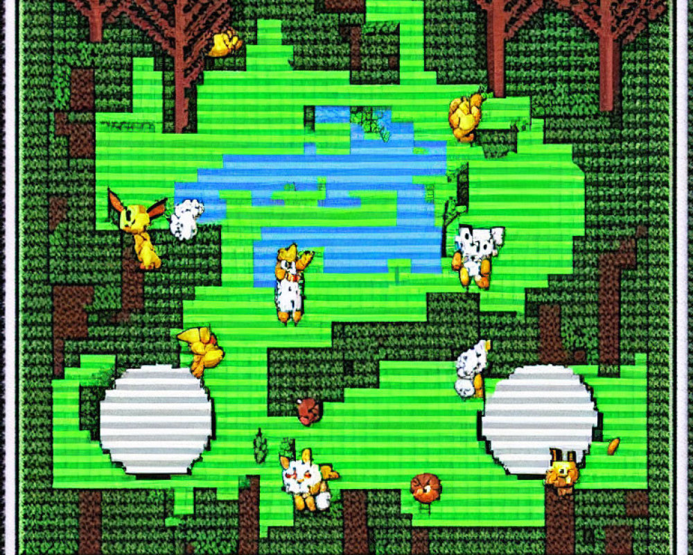 Pixel Art Scene Featuring Creatures, Trees, Pond, and Grass