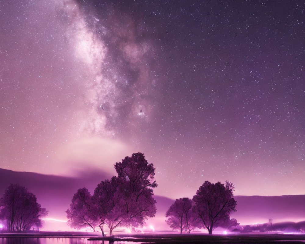 Tranquil night landscape with silhouetted trees, reflective water, and purple star-filled sky