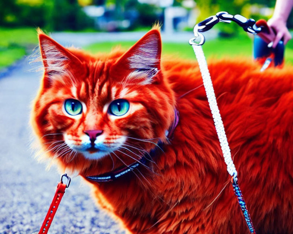 Vivid orange cat with blue eyes on leash outdoors