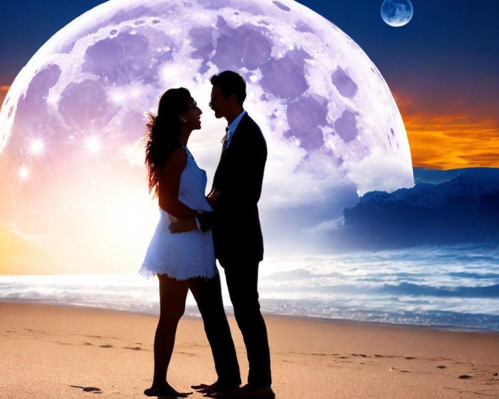 Romantic beach sunset scene with couple embracing under two moons