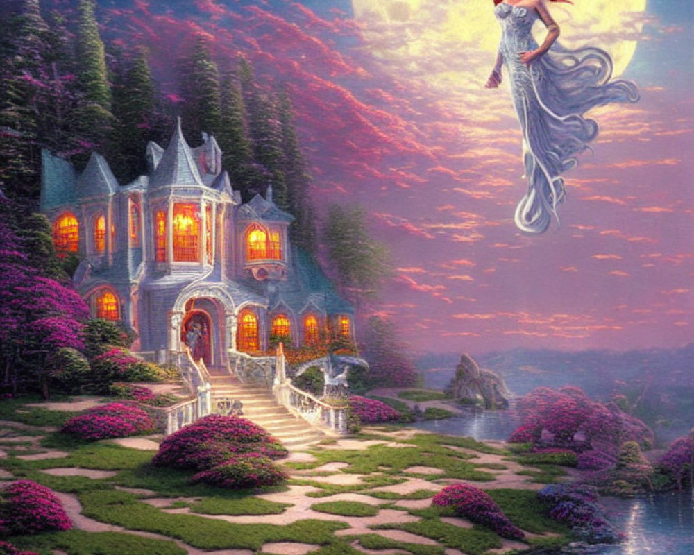 Woman levitating in enchanted garden under moonlit sky