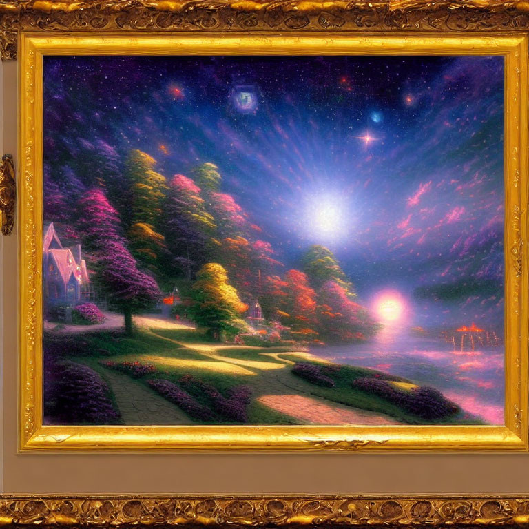 Fantasy landscape painting with starry sky, celestial bodies, house, garden path in golden frame
