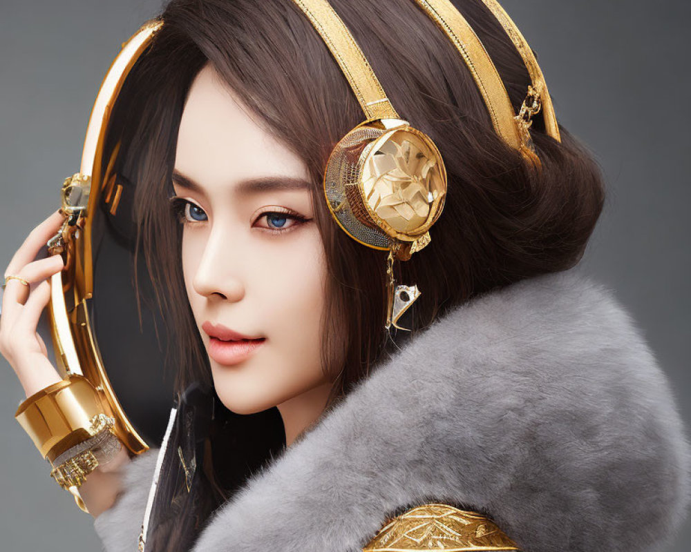 Dark-haired woman in gold headphones and fur-trimmed outfit with gold embroidery gazes sideways