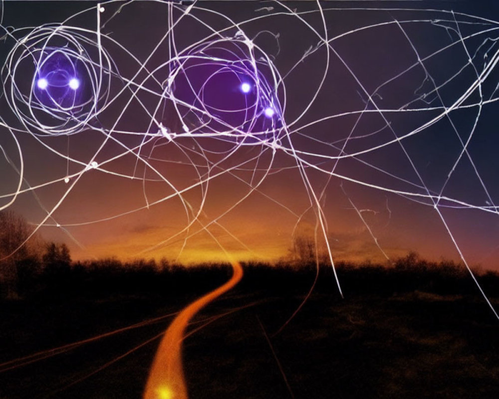 Abstract digital art: chaotic white lines, bright blue orbs, winding road, orange horizon at twilight