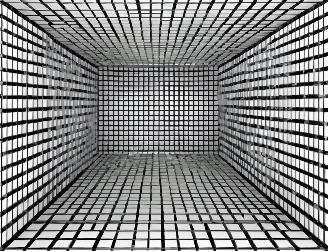 Abstract 3D digital grid cubic room with glowing edges