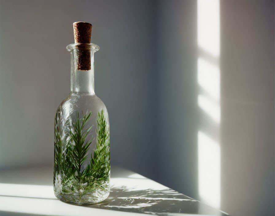 Transparent glass bottle with cork stopper and green leaves under sunlight and shadows.