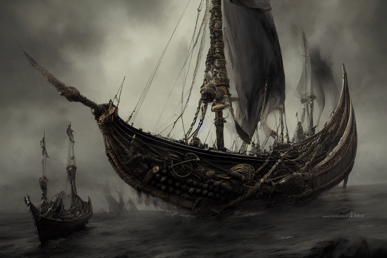 Dark Viking longship painting sailing turbulent seas under brooding sky