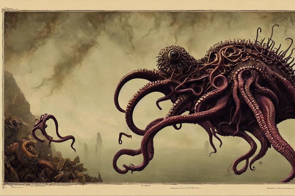 Large Octopus-Like Creature with Tentacles and Single Eye in Surreal Landscape