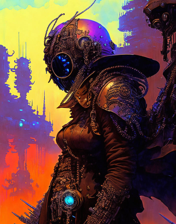 Steampunk-themed image: Person in mechanical suit with glowing blue goggles, against futuristic cityscape.