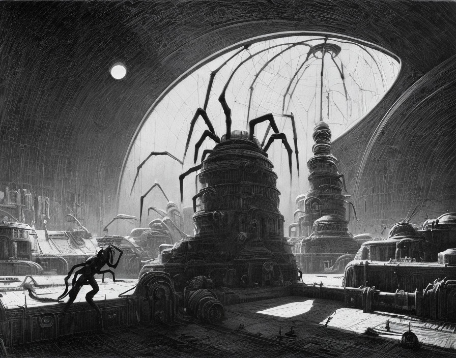 Monochrome sci-fi landscape with robotic spider over futuristic city under dome