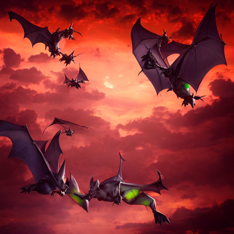 Stylized bats flying in red sky with moon glimpses