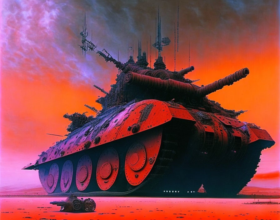 Gigantic futuristic tank with multiple cannons under a reddish sky on orange terrain