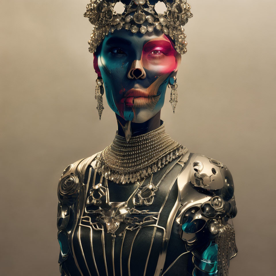 Colorful face makeup and metallic armor portrait.