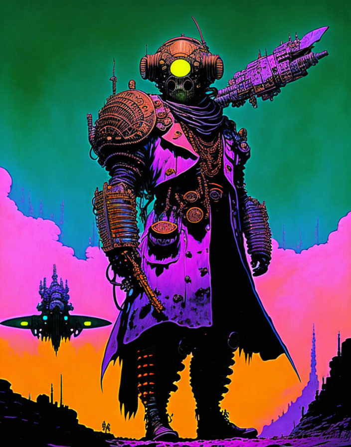 Futuristic warrior in long coat with advanced armor in neon-lit alien landscape