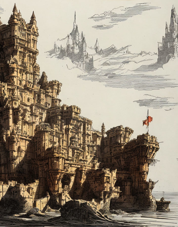 Detailed fantasy castle illustration on rugged cliffs with boat.